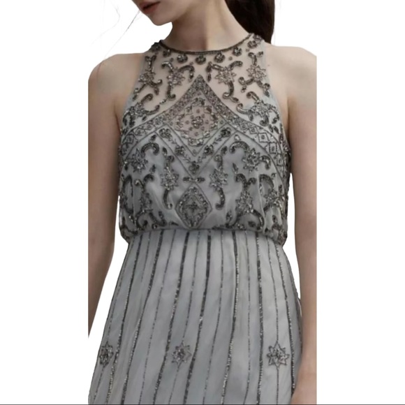 🥳HP BHLDN x Anthropologie Amada 0 /XS Blue Gray Beaded Embellished Blouson Maxi - Picture 5 of 10